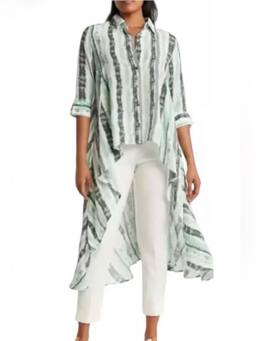 Patrizia Luca Green and White Striped High-Low Blouse